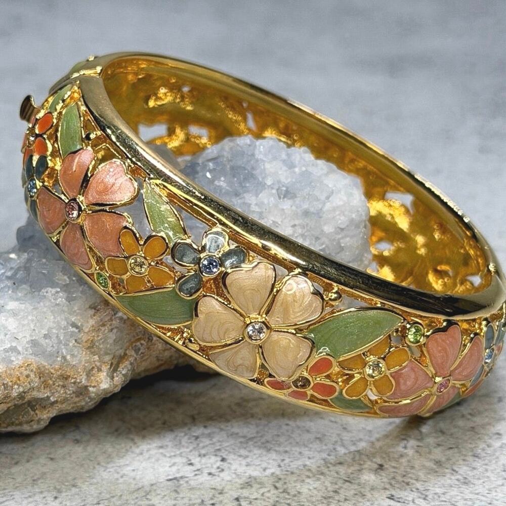 Joan Rivers Gold Tone Floral Enamel Hinged Bracelet - Pink, Peach, Green
